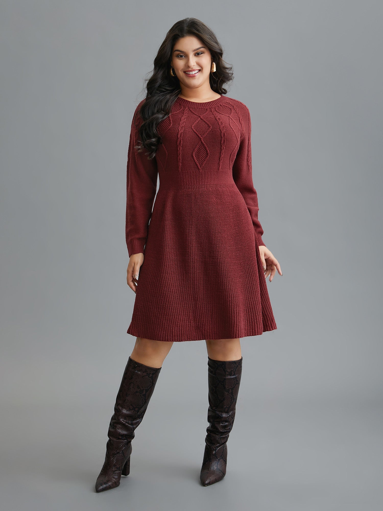 Cable Knit Raglan Sleeve Midi Sweater Dress