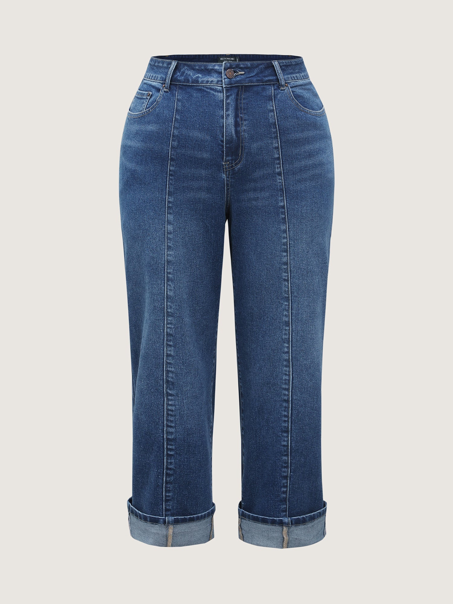 Seamed Rolled Hem Straight-Leg Jeans