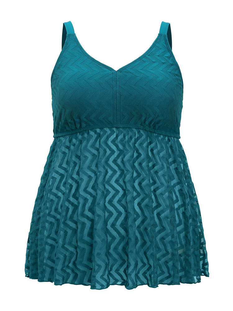 Plain Geometric Mesh Flutter Hem V Neck Tankini Top