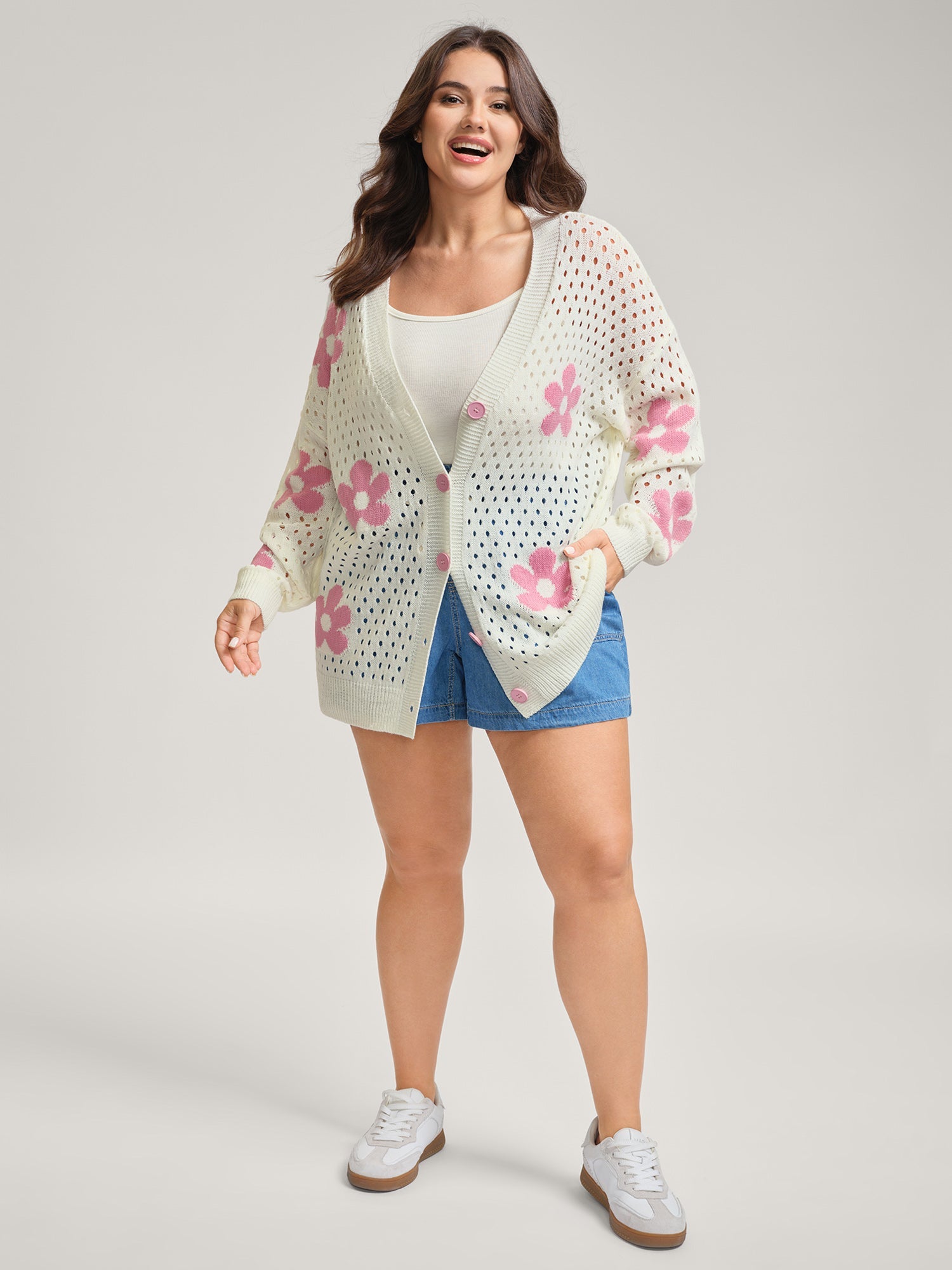 Floral Cut-Out Textured Knit Cardigan