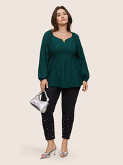 Solid Jacquard Notched Lantern Sleeve Blouse