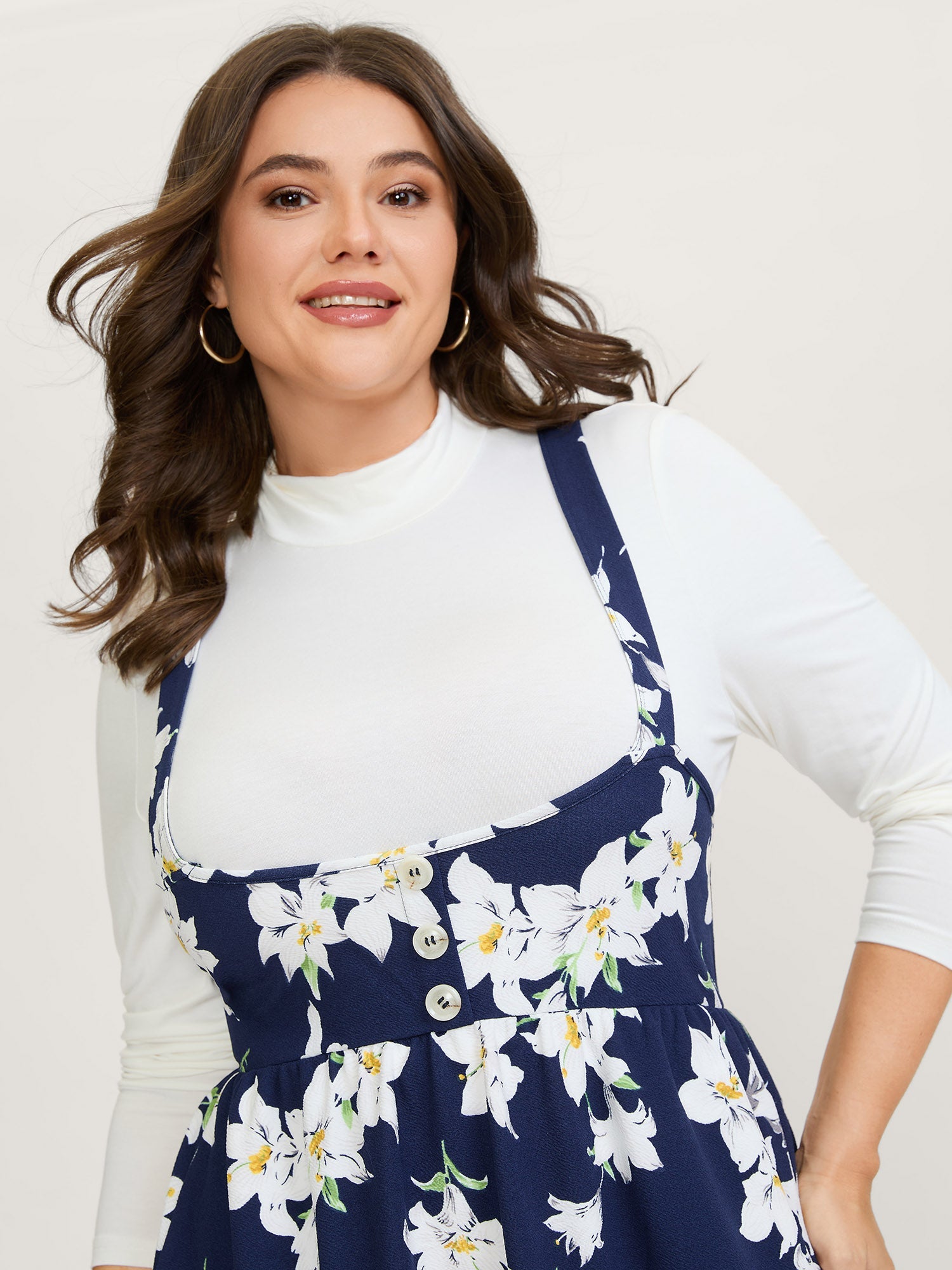 Floral Print Pockets Suspender Skirt Midi Dress