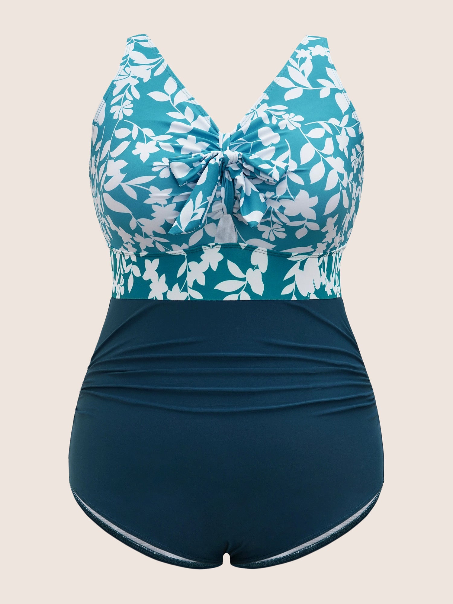 Silhouette Floral Print Patchwork Gathered One Piece Swimsuit