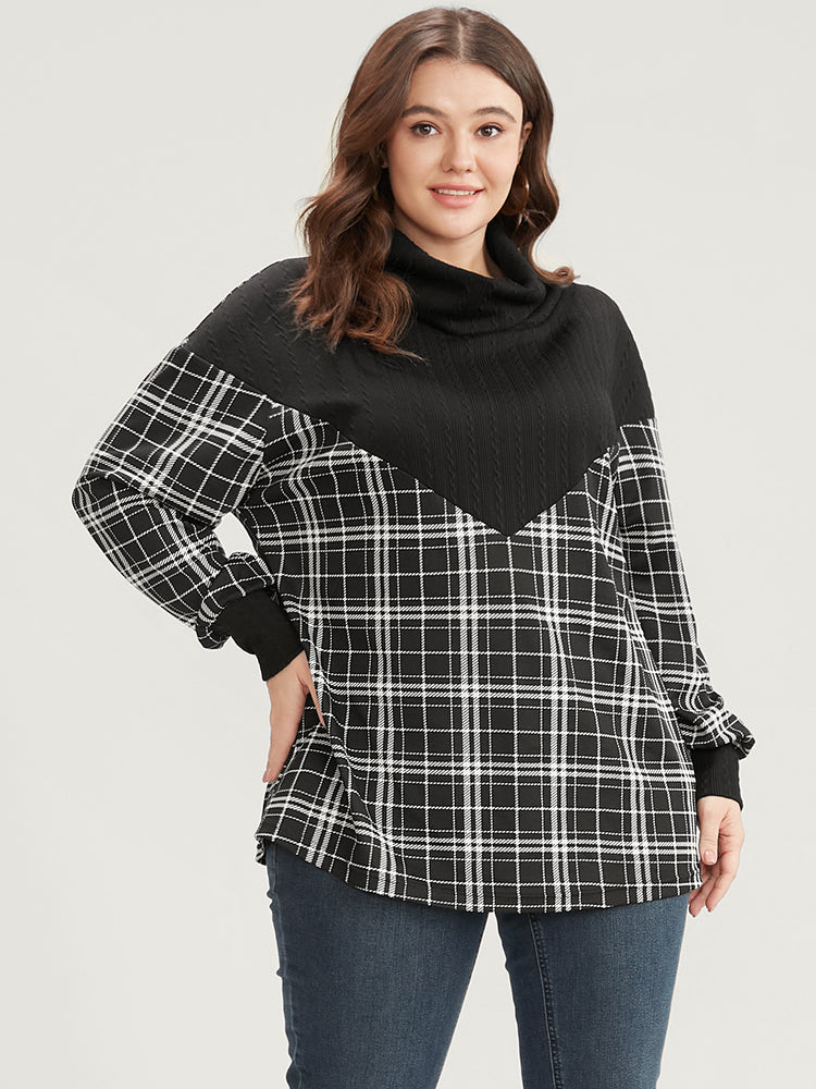 Plaid Patchwork Button Detail Funnel Neck Sweatshirt