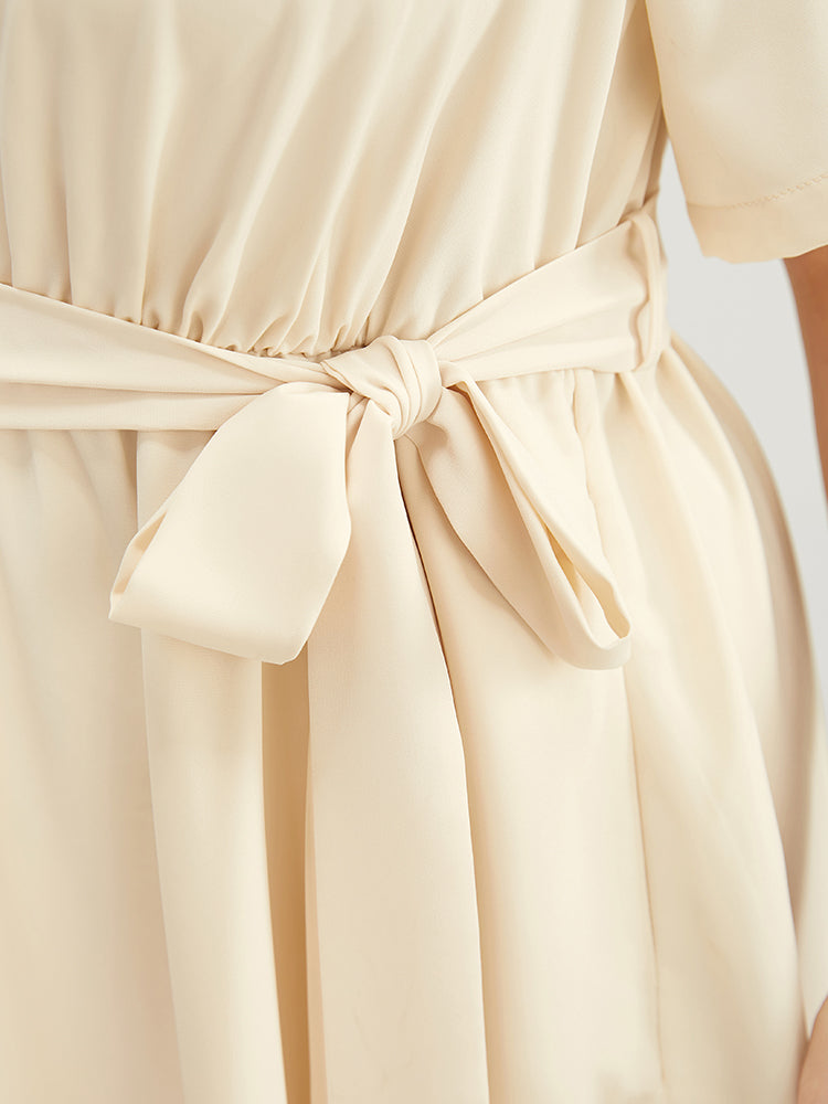 Solid Chain Detail Cut Out Pocket Belted Flutter Dress