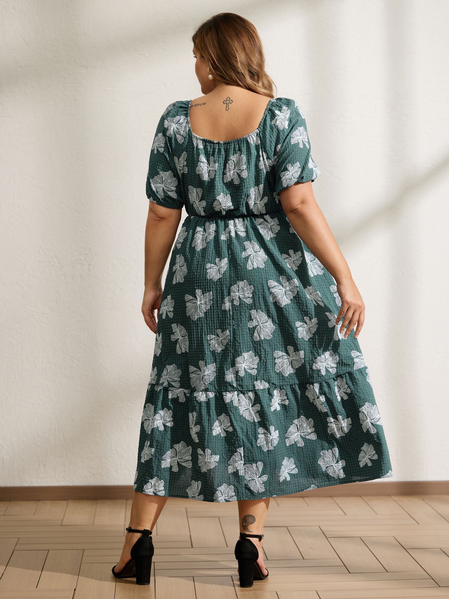 Floral Plaid Print Puffy Sleeve Midi Dress