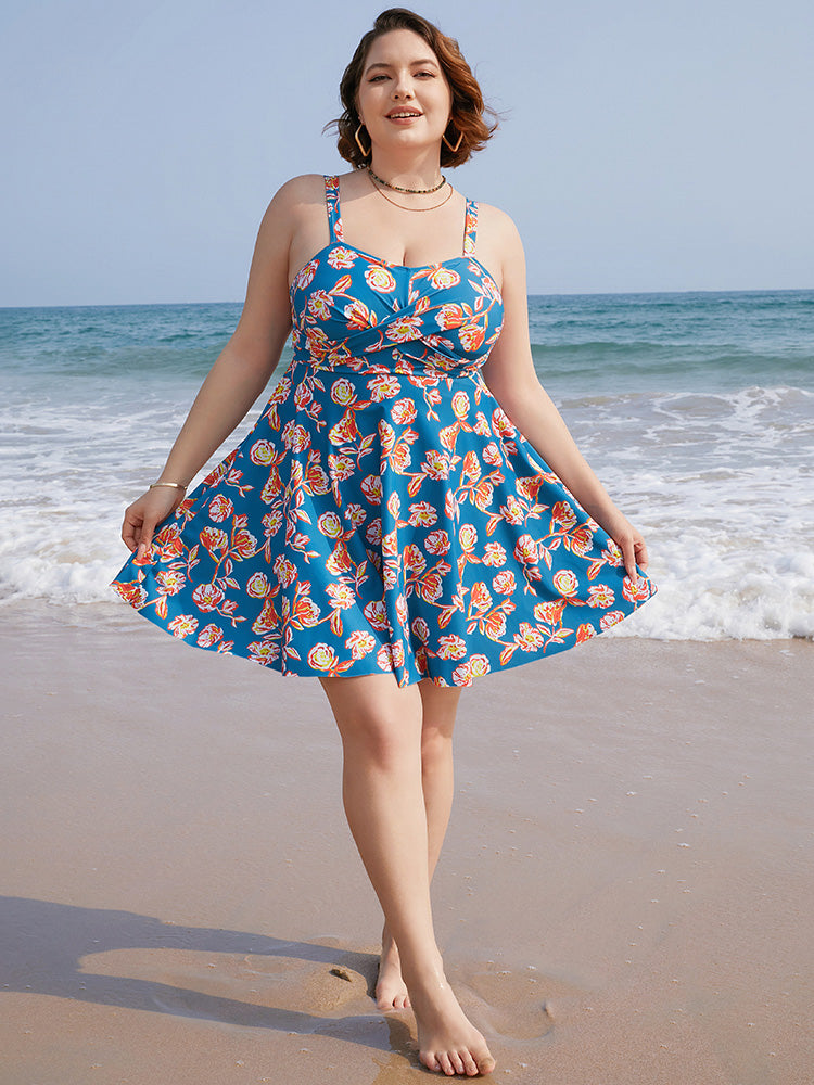Floral Contrast Crossover Front Ruffles Adjustable Straps Swim Dress
