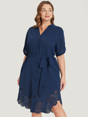 Solid Cuffed Sleeve Button Up Belted Laser Cut Arc Hem Dress