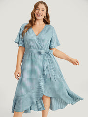 Gingham Pocket Belted Ruffle Trim Surplice Neck Dress