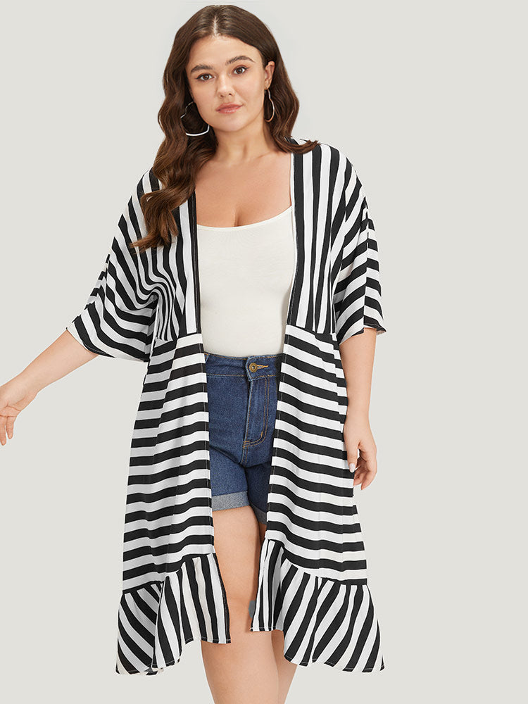 Striped Ruffle Hem Pocket Open Front Kimono