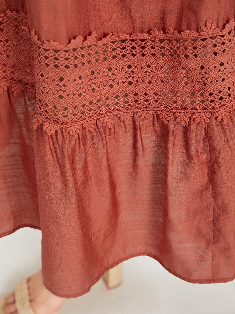 Solid Crochet Lace Gathered Wrap Shirred Cami Dress
