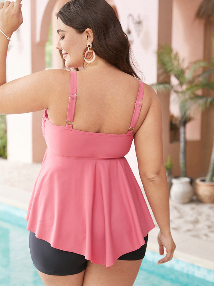 Solid A Line Crossover Asymmetrical Hem Tankini Top