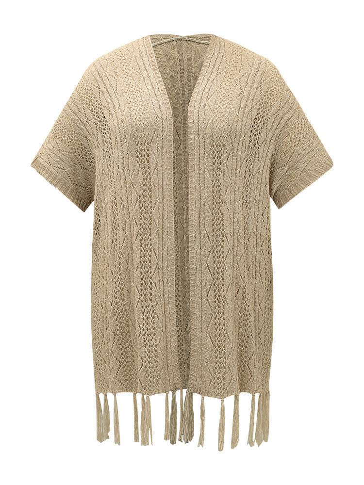 Solid Fringe Trim Geometric Eyelet Batwing Sleeve Cardigan