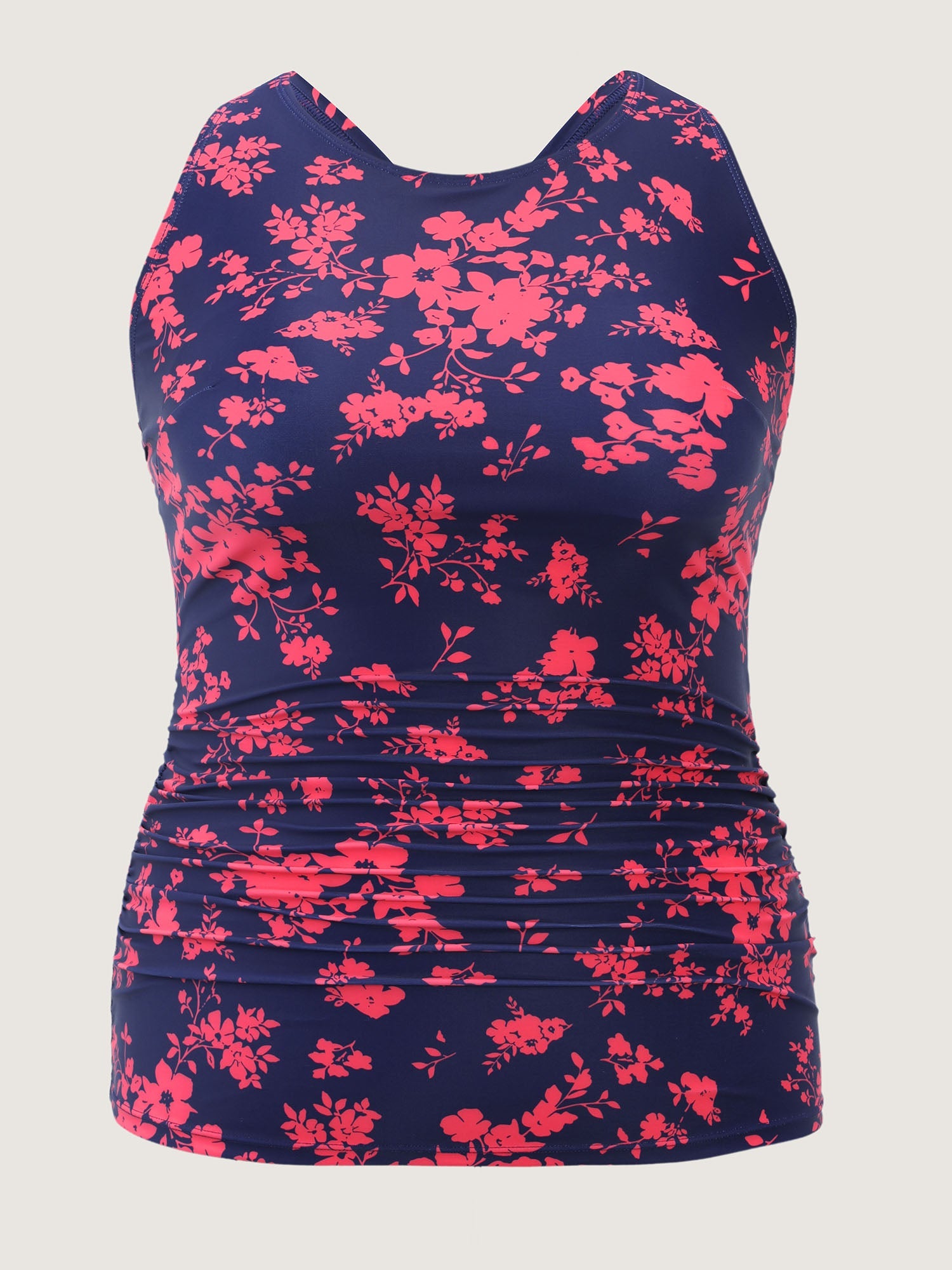 Floral Print Round Neck Shirred Swim Top