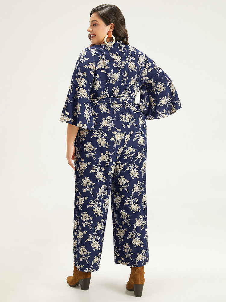 Floral Print Bell Sleeve Pocket Belted Jumpsuit