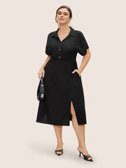 Shirt Collar Button Detail Split Front Dress