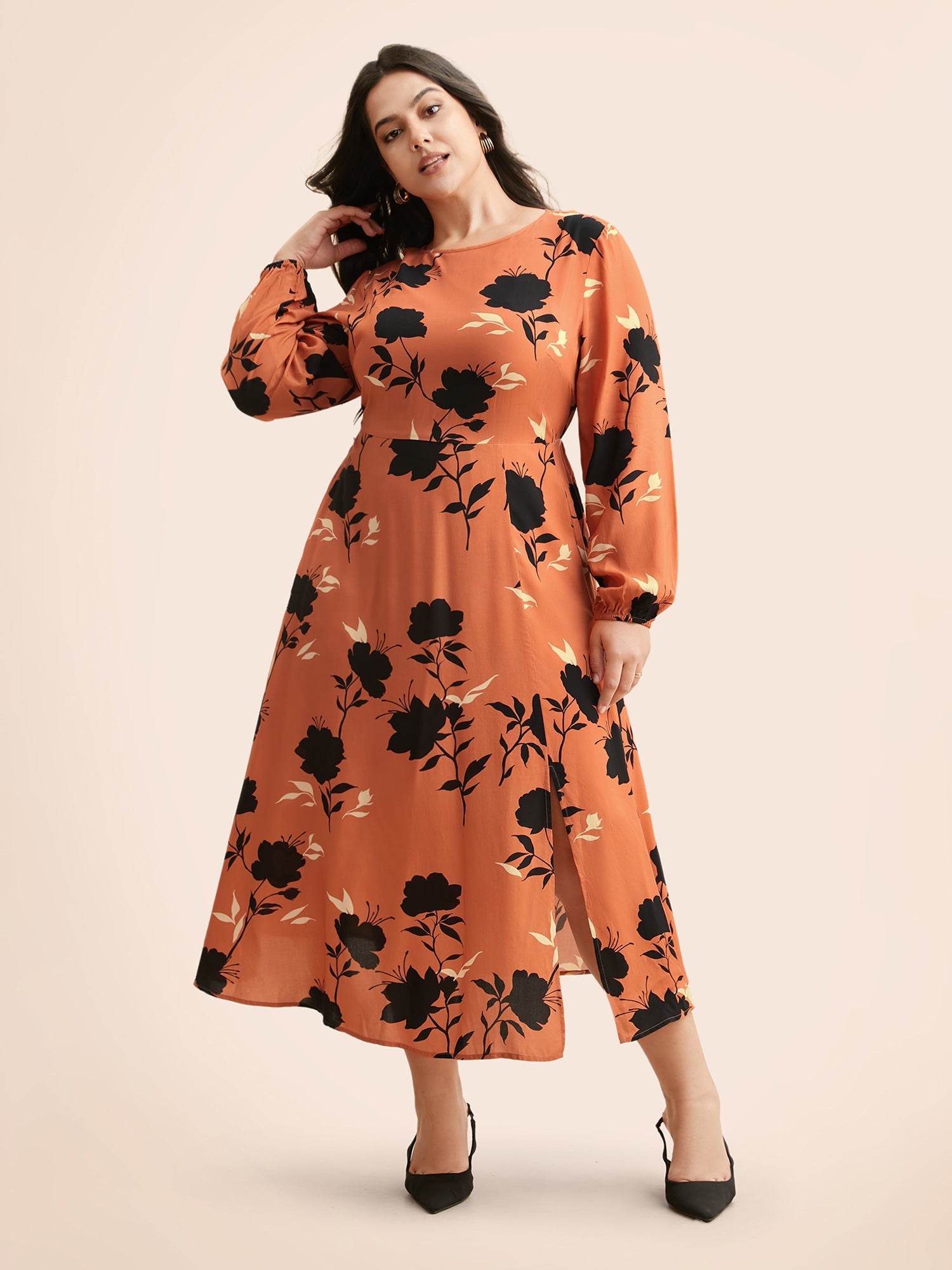 Silhouette Floral Print Lantern Sleeve Slit Hem Dress