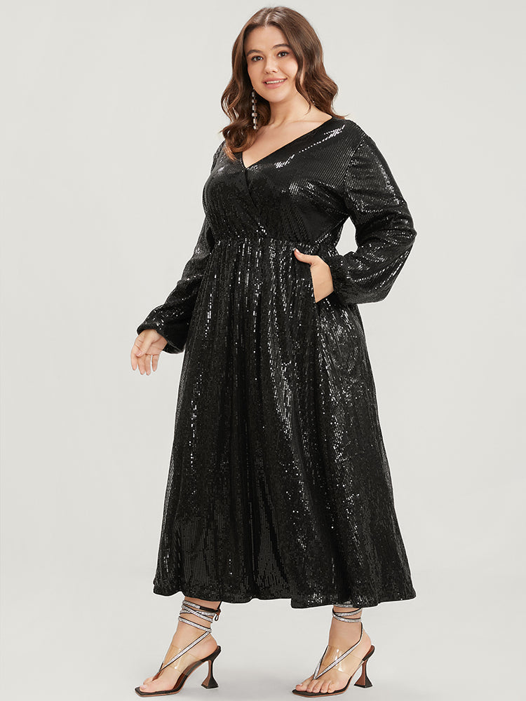 Solid Lantern Sleeve Pocket Wrap Sequin Maxi Dress