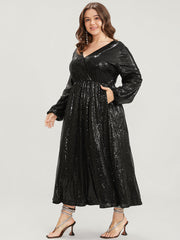 Solid Lantern Sleeve Pocket Wrap Sequin Maxi Dress