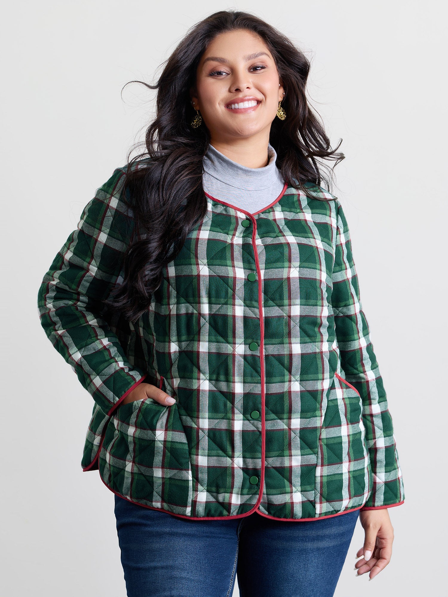 Checkered Pattern Button Quilted Jacket