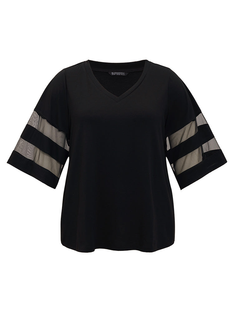 Solid Mesh Patchwork V Neck T-shirt