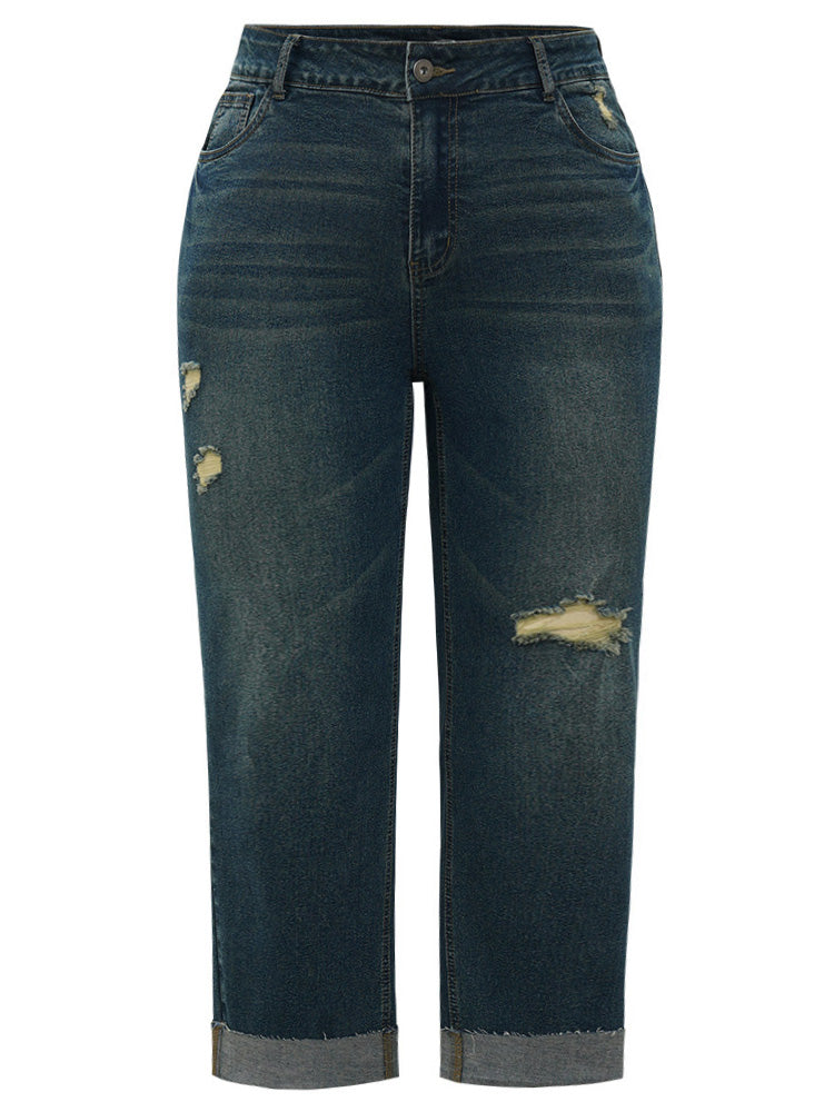 Solid Ripped Roll Hem Pocket Straight Leg Jeans