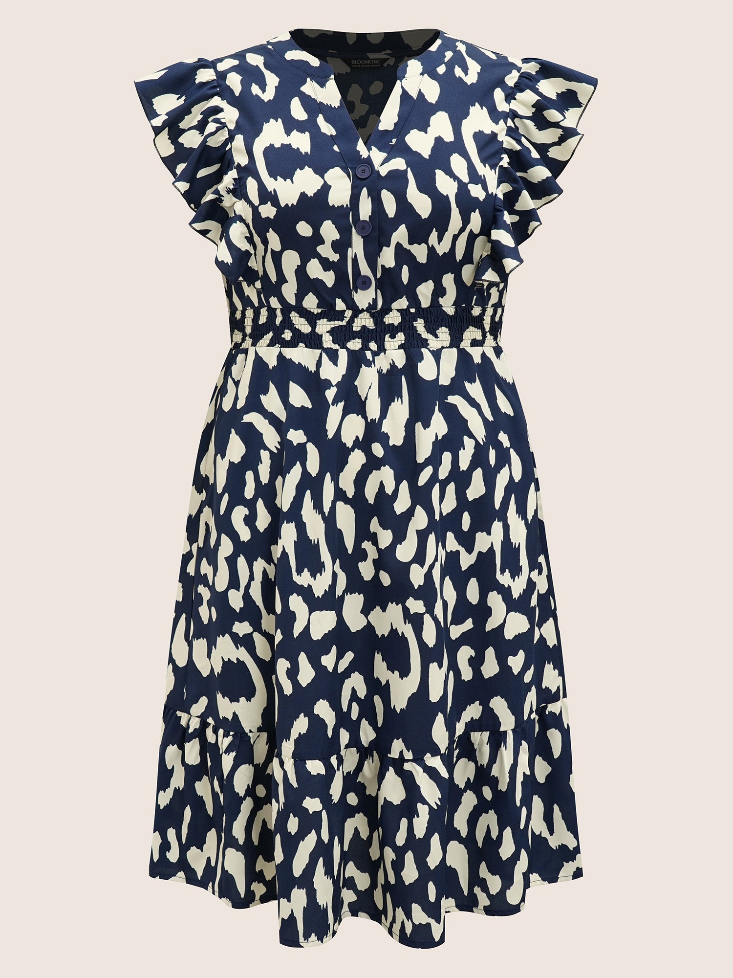 Notched Leopard Print Cap Sleeve Ruffles Dress