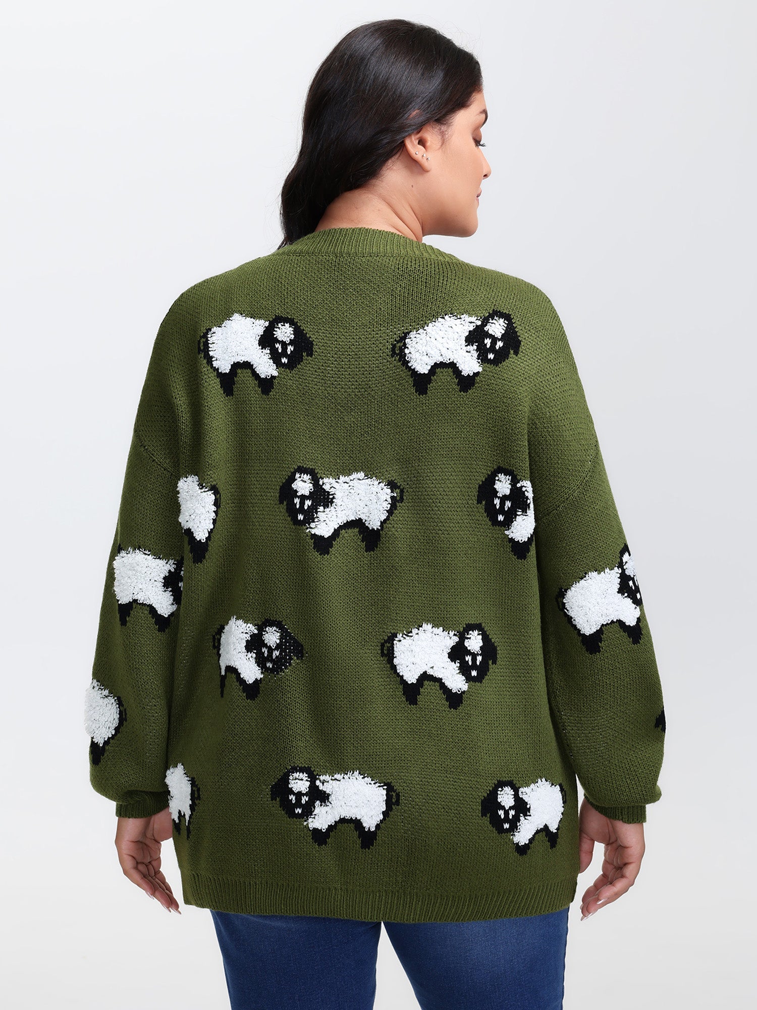 Flocked Lamb Curvy Hem Jacquard-Knit Cardigan