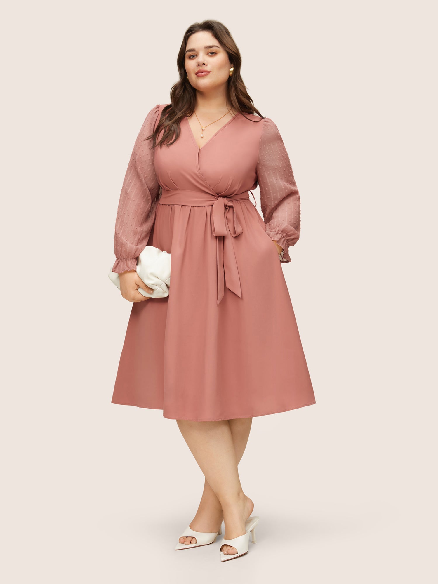 Plain Mesh Textured Patchwork Belted Dress