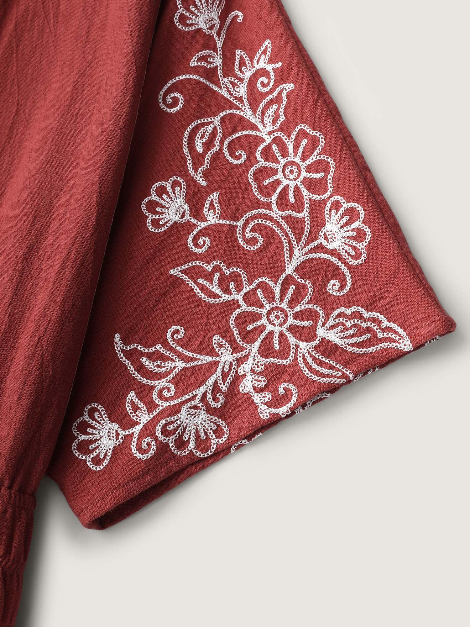 Shirred Waist Embroidered Midi Dress