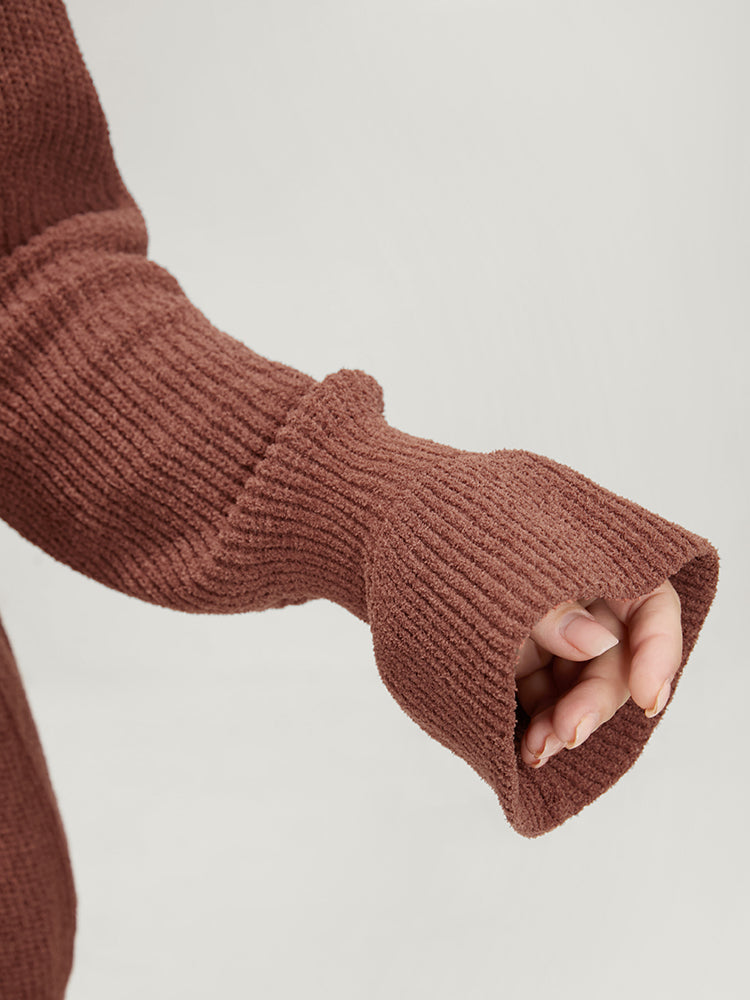 Solid Pointelle Knit Round Neck Bell Sleeve Knit Top