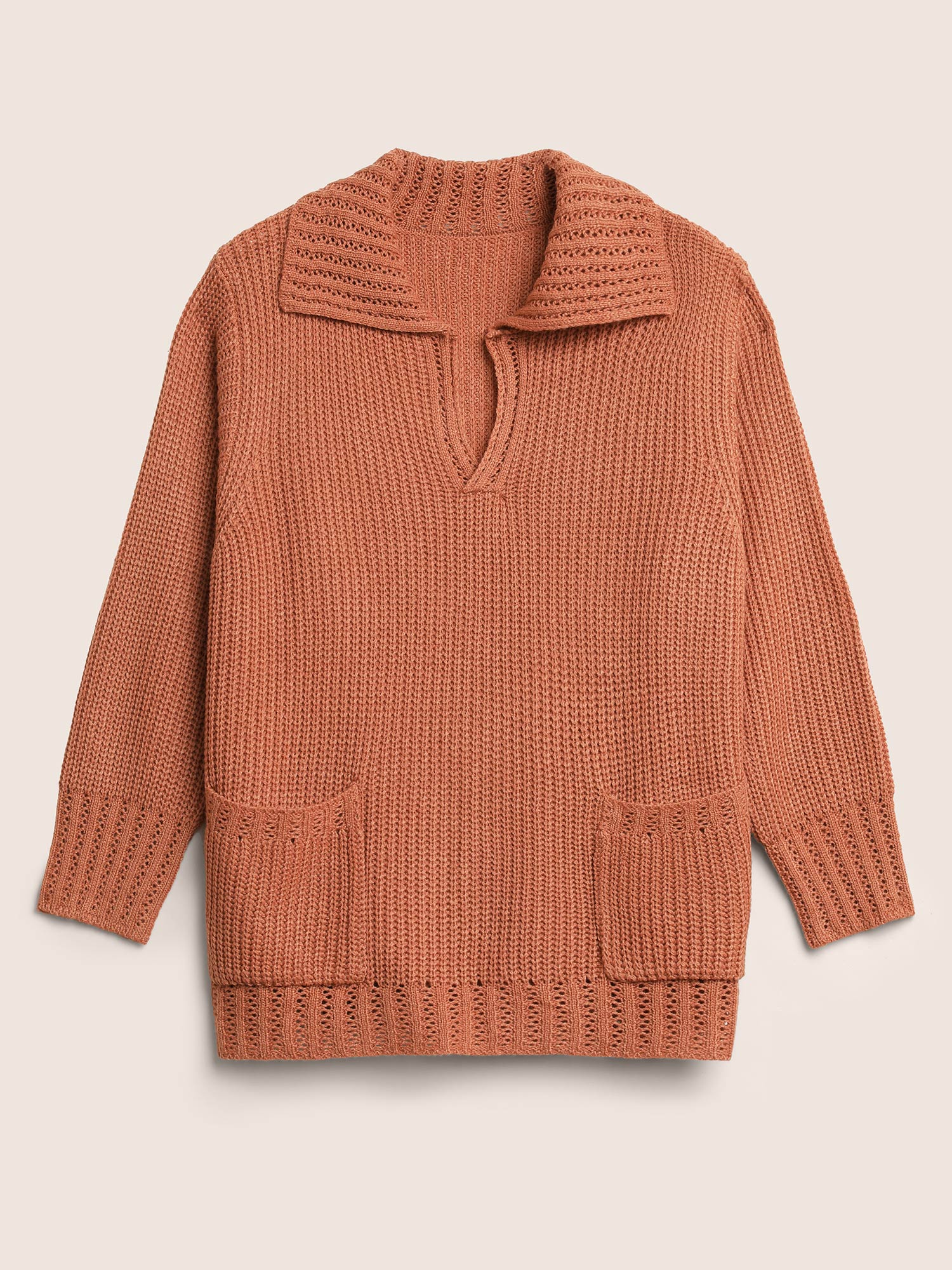 Solid Pocket Pointelle Knit Split Hem Pullover