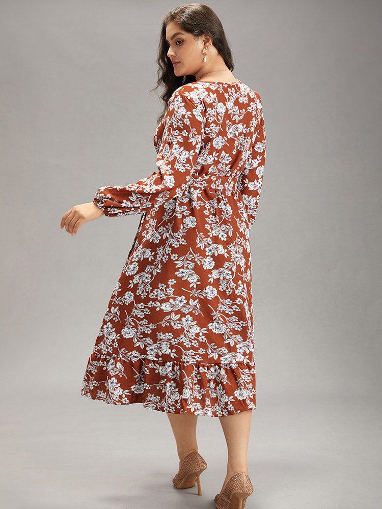 Floral Print Elastic Cuffs Ruffle Hem Dress