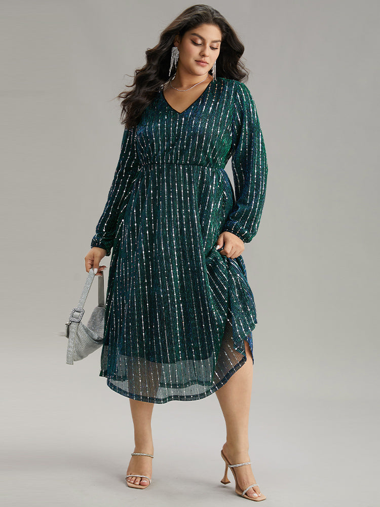 Sequin Mesh V Neck Elastic Waist Dress