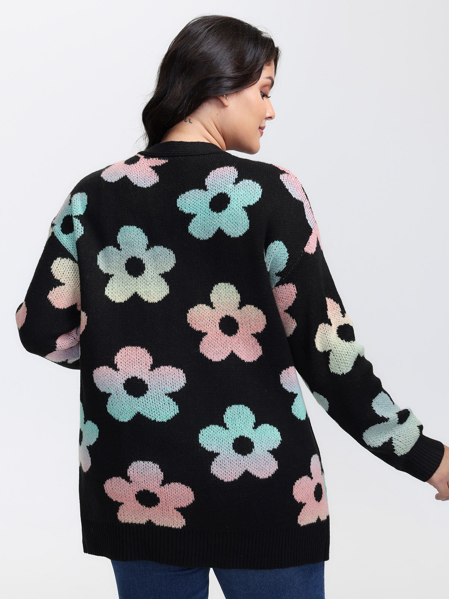 Floral Jacquard Print Color Gradient Knit Cardigan