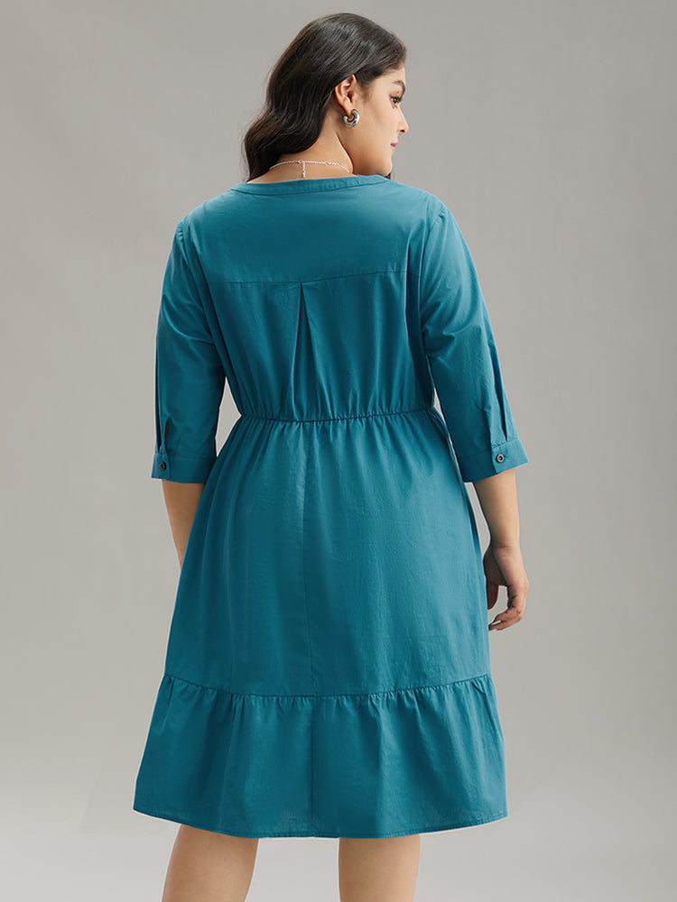 Solid Button Up Ruffles Pocket Gathered Dress