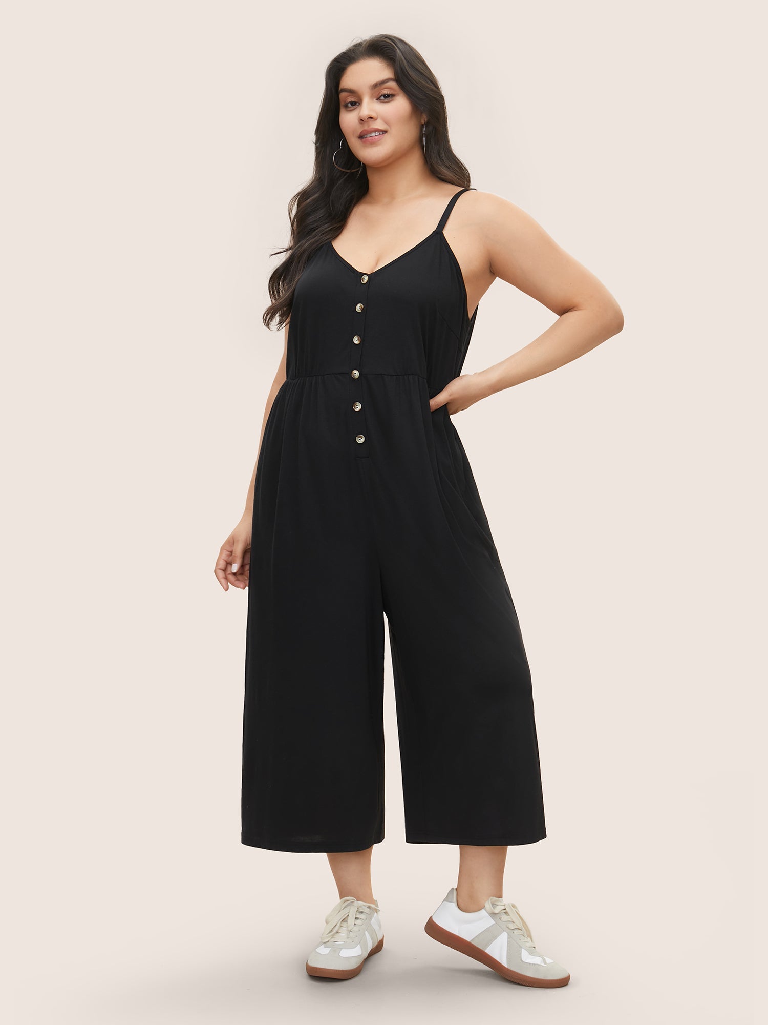 Solid Button Detail Gathered Jumpsuit