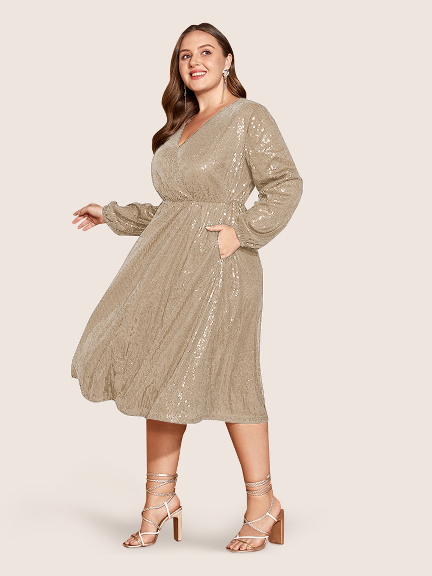 Solid Pocket Lantern Sleeve Wrap Sequin Dress