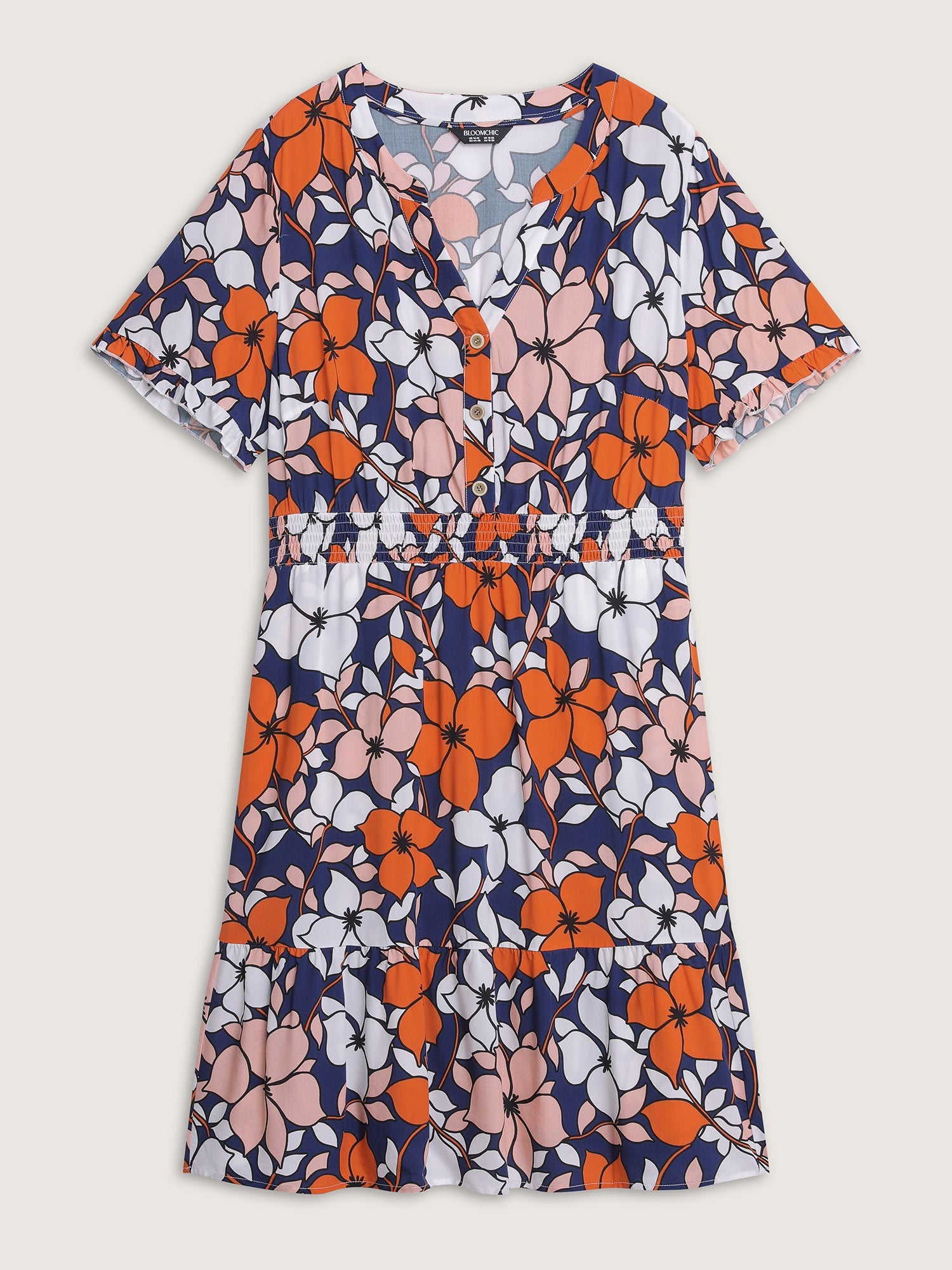 Floral Print Shirred Notched Neckline Midi Dress