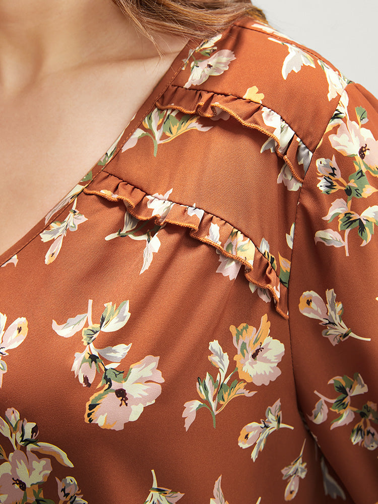 Floral V Neck Ruffles Trim Lantern Sleeve Blouse