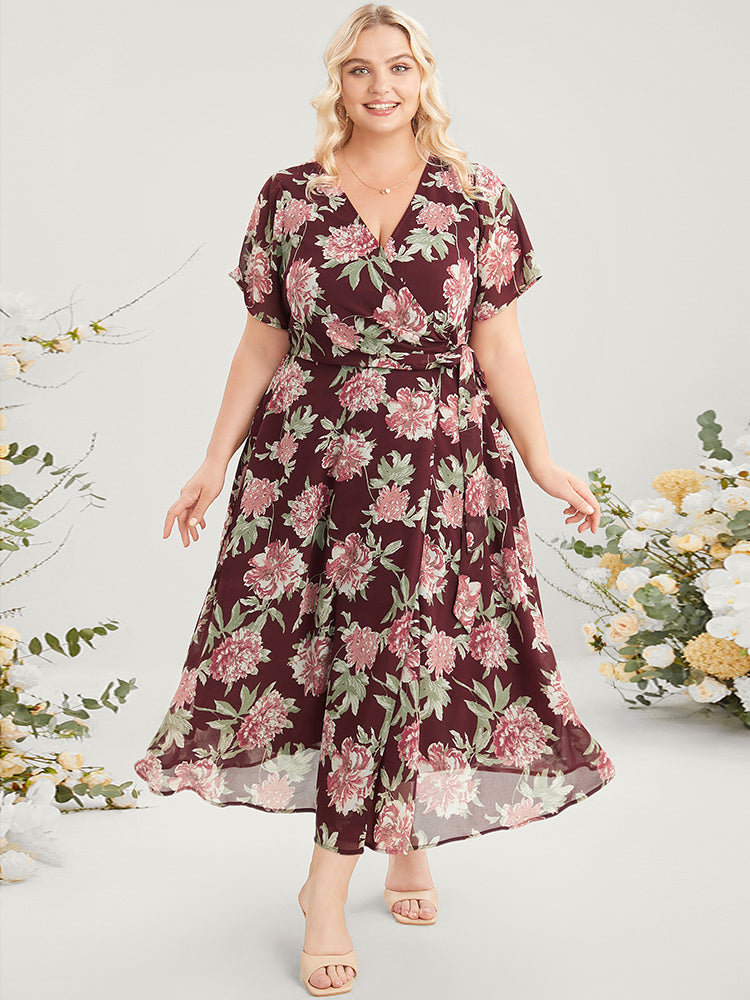 Floral Print Belted Surplice Neck Flutter Pocket Maxi Dress