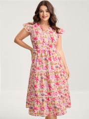 Floral Color Block Lace Trim Midi Dress