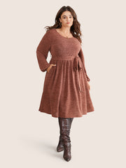 Solid Belted Elastic Cuffs Jacquard Dress