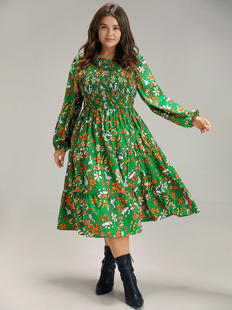 Floral Print Keyhole Shirred Dress