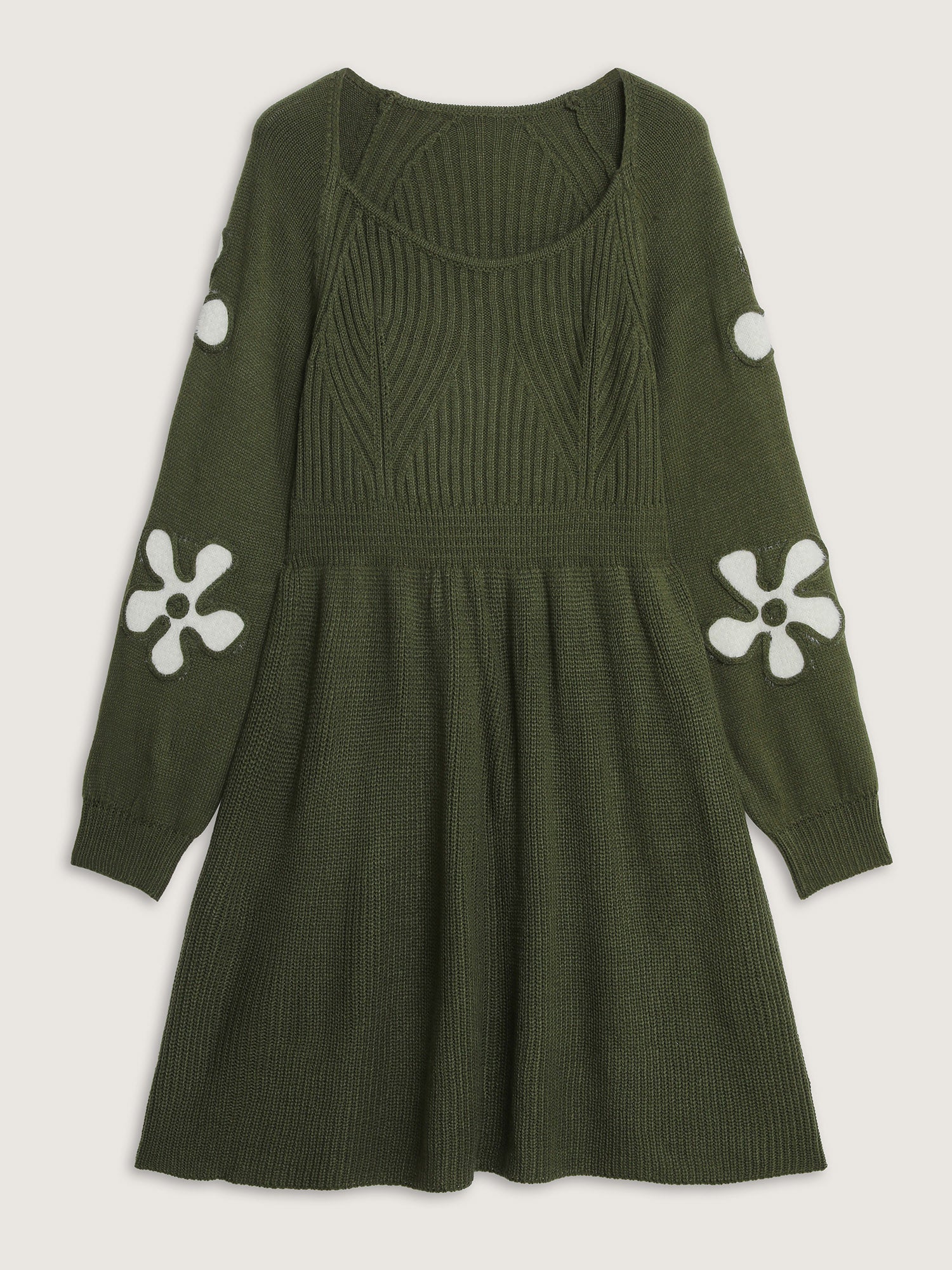 Floral Cord Embroidered Cinched-Waist Sweater Dress
