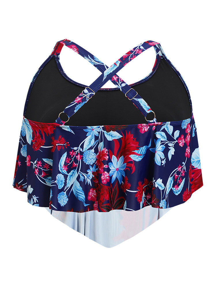 Floral Crossover Back Asymmetrical Tankini Top
