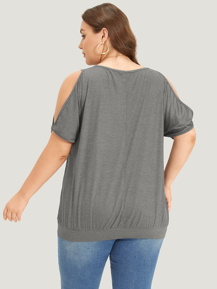 Feather Print Cold Shoulder Crew Neck T-shirt