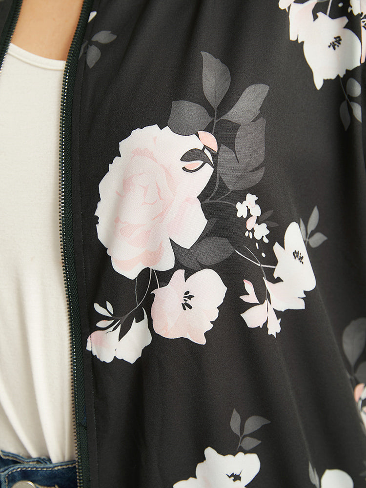 Floral Contrast Trim O Ring Zipper Jacket