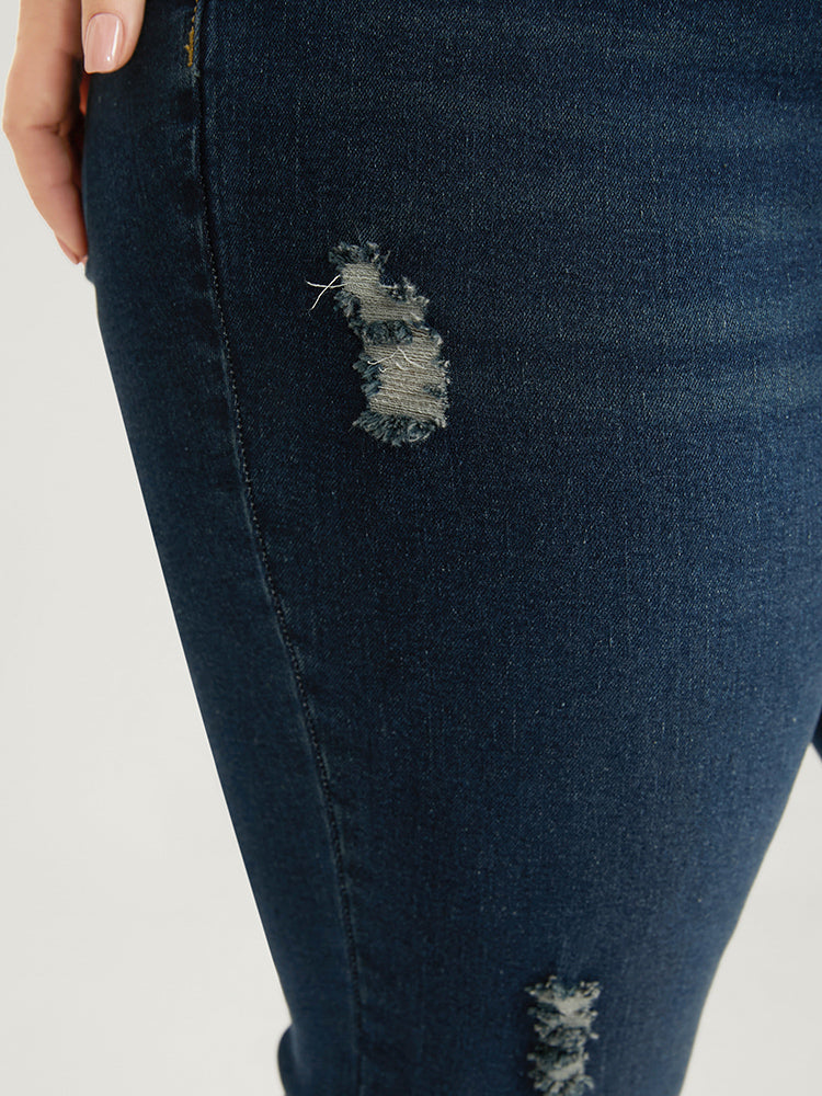 Bootcut Slightly Stretchy High Rise Dark Wash Distressed Jeans
