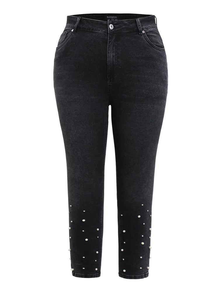 Beaded Detail Pocket Very Stretchy Black Wash Jeans